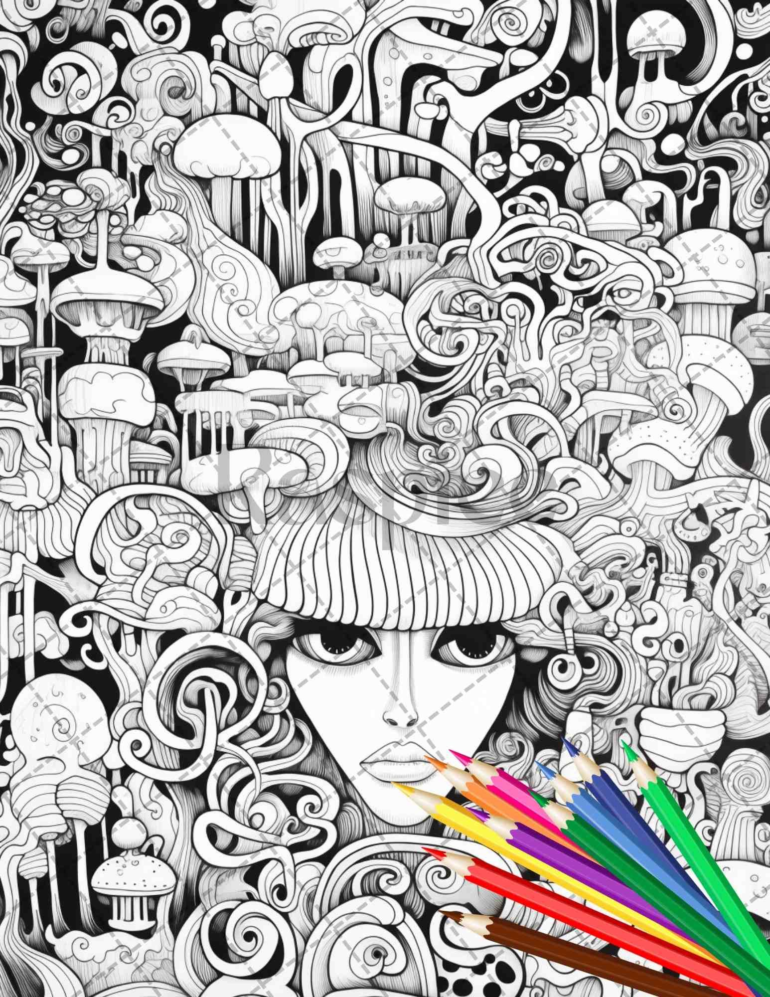 Psychedelic Trippy Coloring Book Printable for Adults, Grayscale Coloring Page, PDF File Instant Download