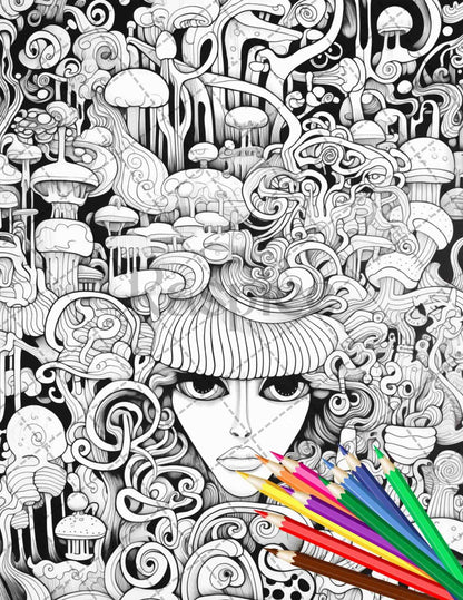 Psychedelic Trippy Coloring Book Printable for Adults, Grayscale Coloring Page, PDF File Instant Download