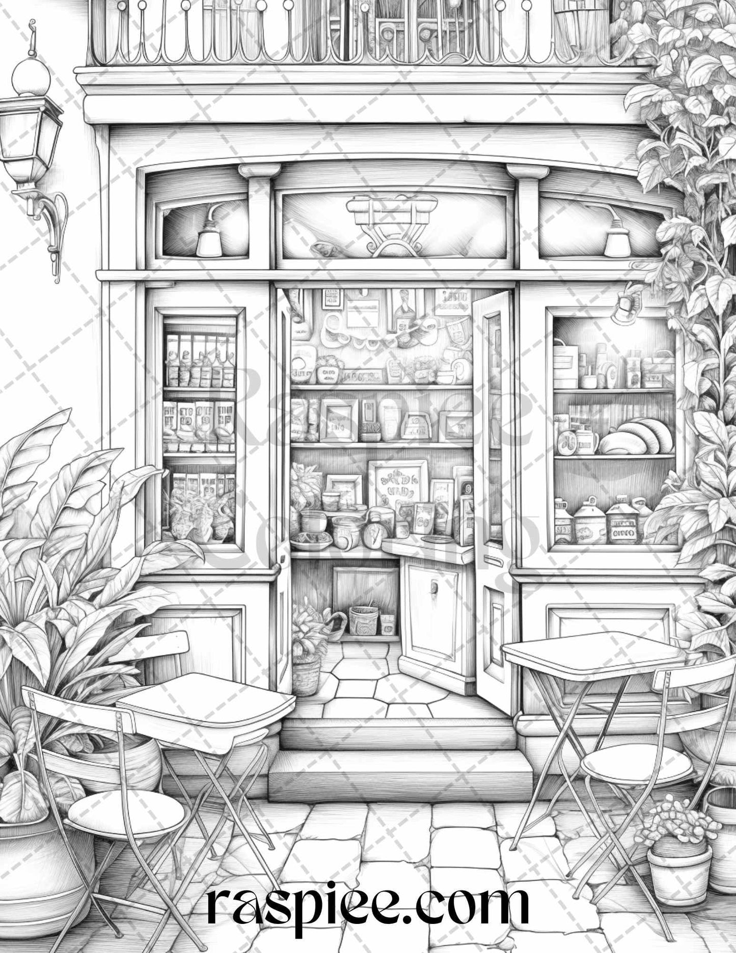 50 Cozy Coffee Shop Grayscale Coloring Pages Printable for Adults, PDF File Instant Download