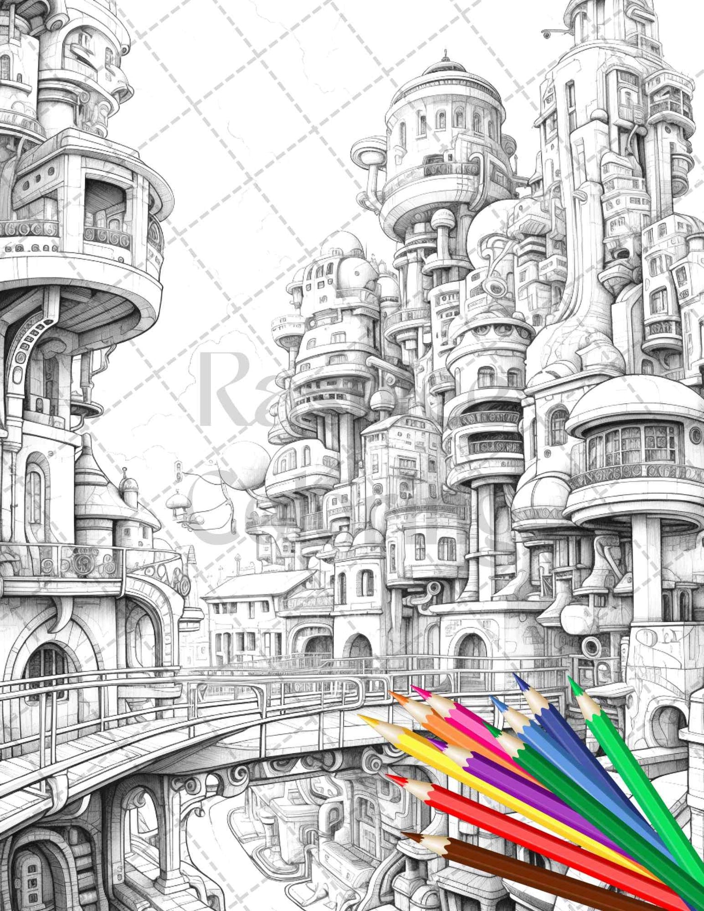 50 Futuristic Metropolis Grayscale Coloring Pages Printable for Adults, PDF File Instant Download