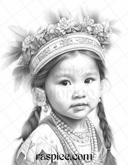 50 Native American Little Girls Boys Grayscale Coloring Pages Printable for Adults Kids, PDF File Instant Download