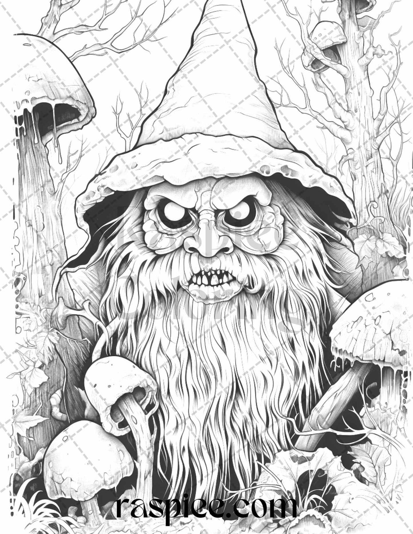 50 Horror Zombie Gnomes Grayscale Coloring Pages Printable for Adults, PDF File Instant Download