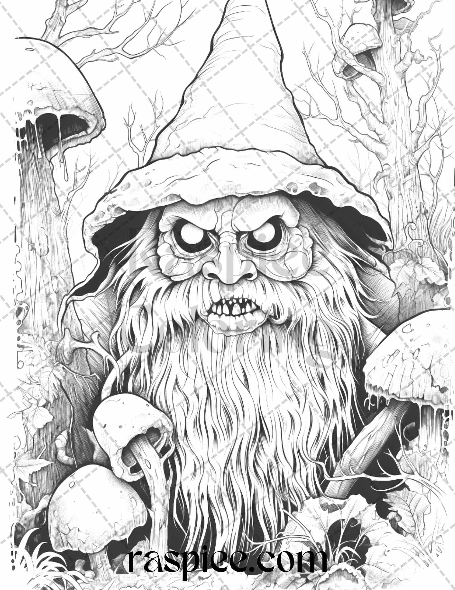 50 Horror Zombie Gnomes Grayscale Coloring Pages Printable for Adults, PDF File Instant Download