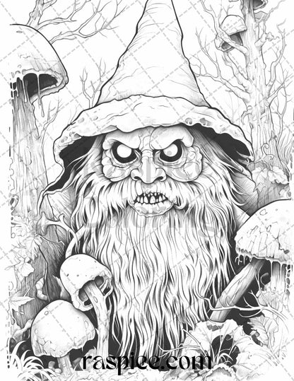 50 Horror Zombie Gnomes Grayscale Coloring Pages Printable for Adults, PDF File Instant Download