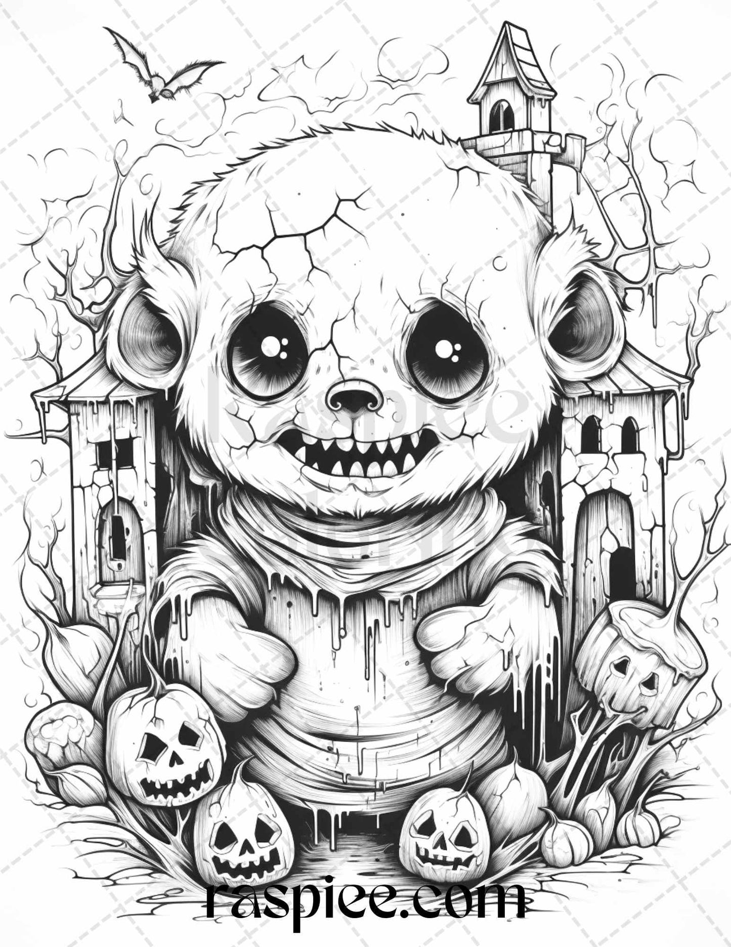 50 Halloween Scary Animals Grayscale Coloring Pages Printable for Adults, PDF File Instant Download