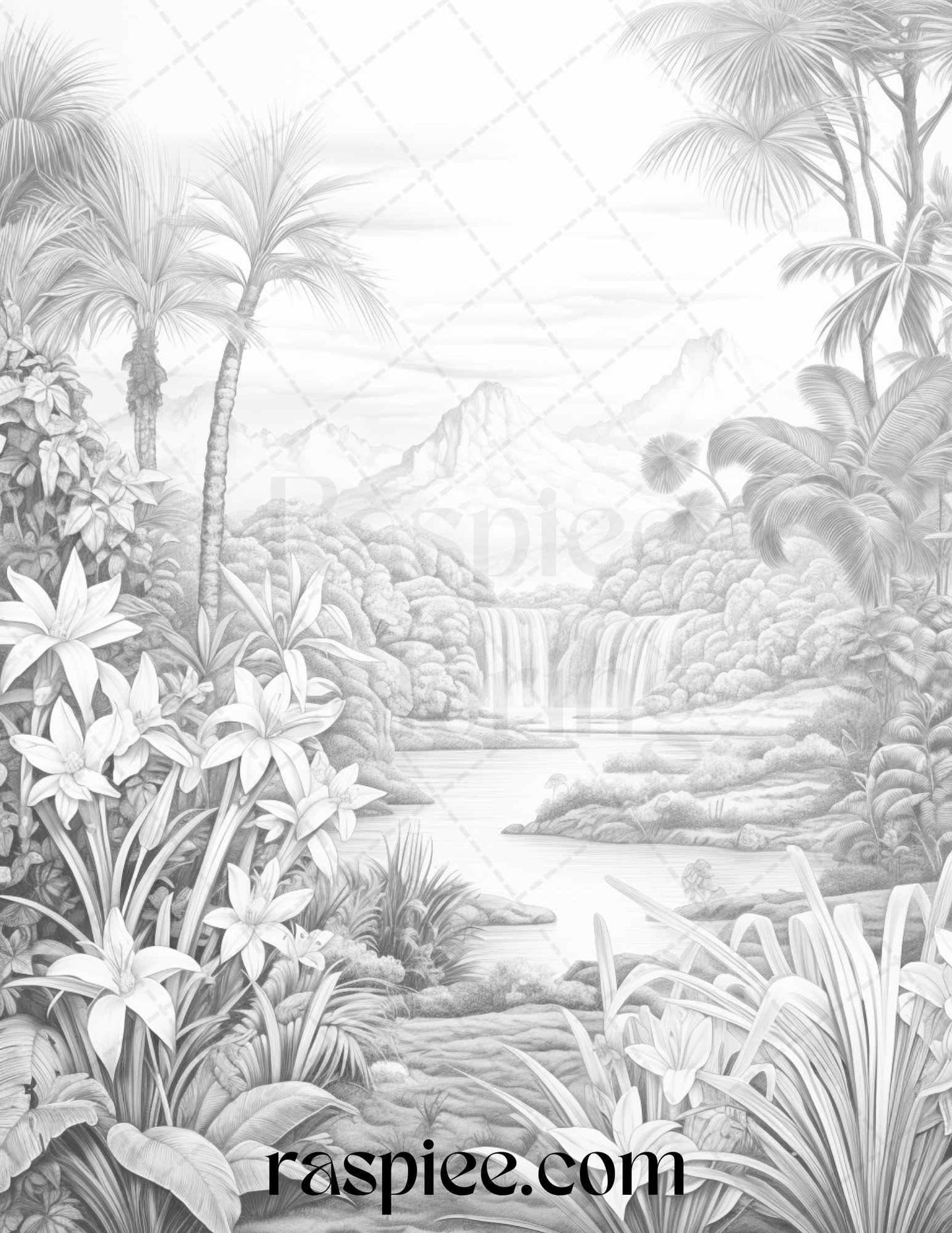 52 Tropical Oasis Grayscale Coloring Pages Printable for Adults, PDF File Instant Download