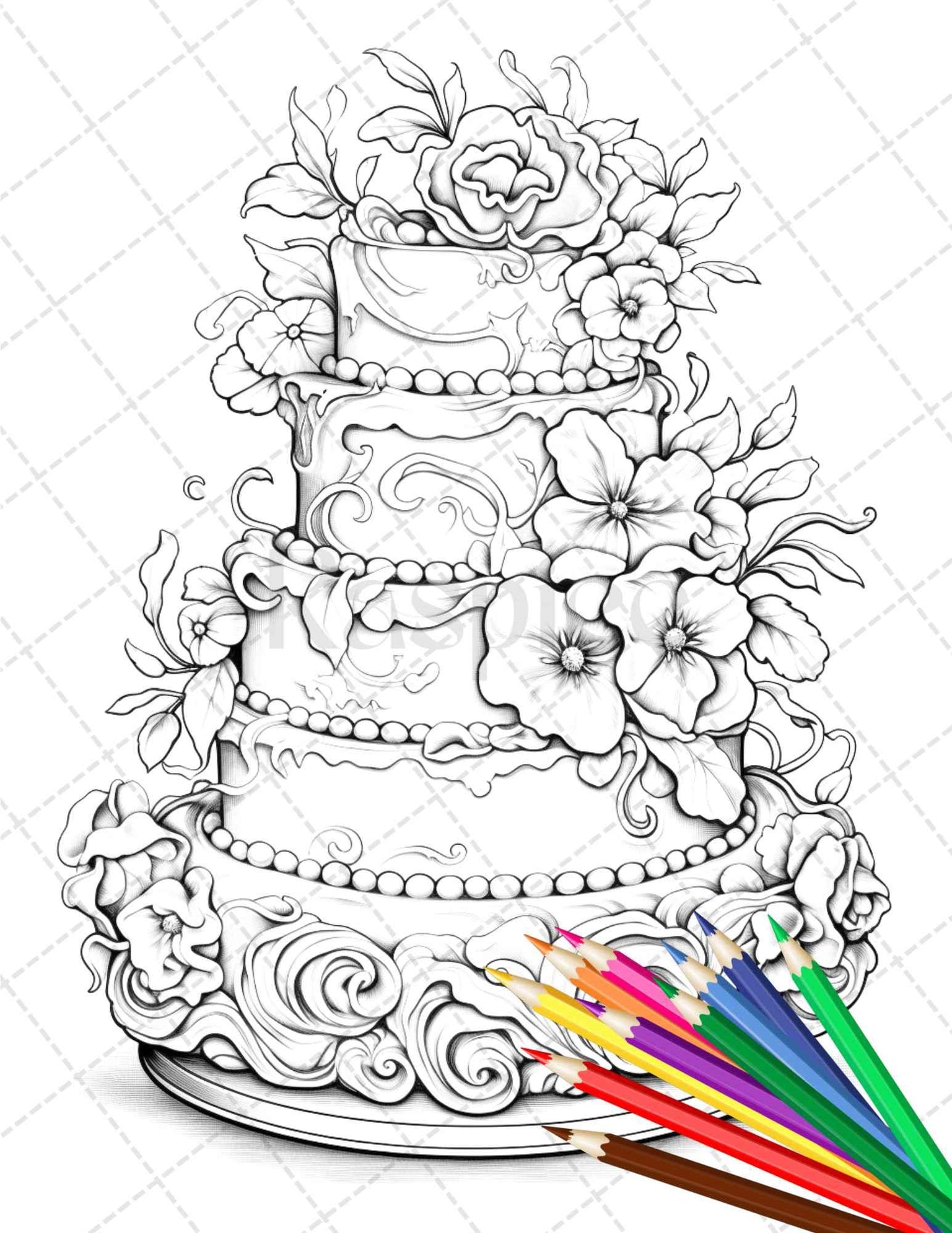 38 Whimsical Cakes Grayscale Coloring Pages for Adults, PDF File Instant Download