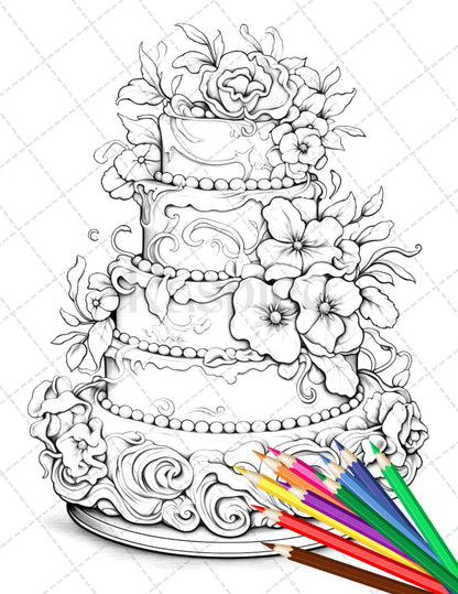 38 Whimsical Cakes Grayscale Coloring Pages for Adults, PDF File Instant Download