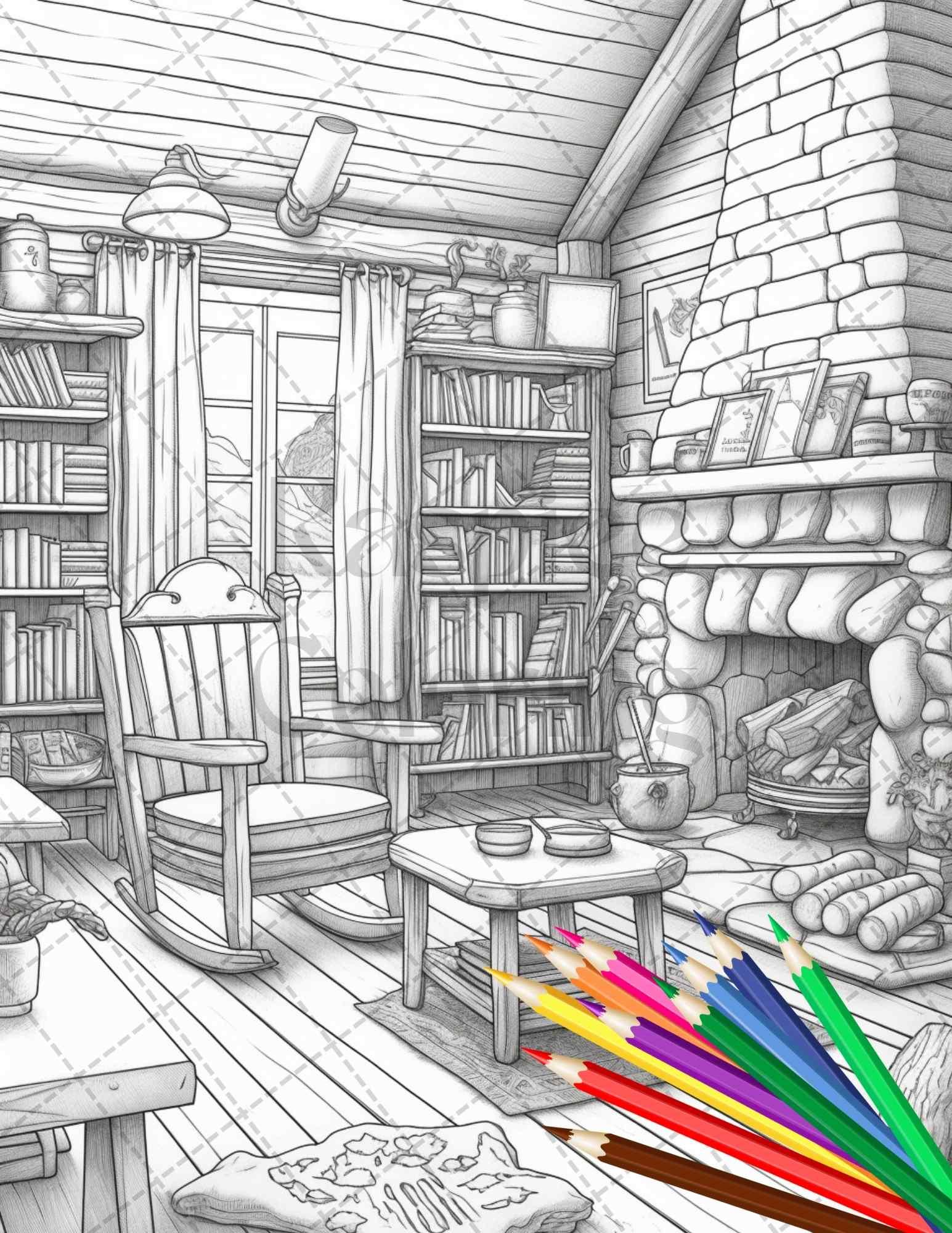 Cozy Cabin Interior Grayscale Coloring Pages Printable for Adults, PDF File Instant Download