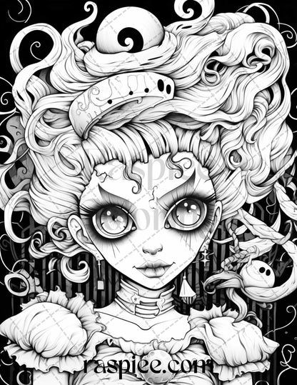 50 Spooky Miss Nightmare Grayscale Coloring Pages Printable for Adults, PDF File Instant Download