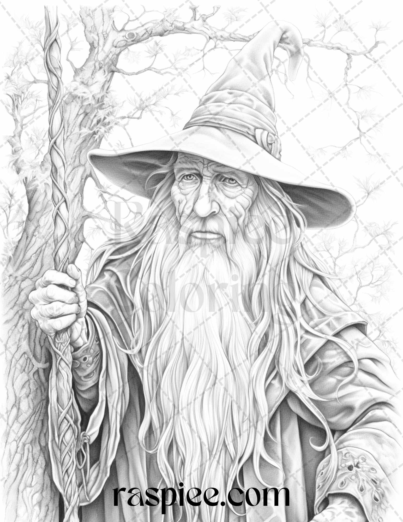 50 Magical Wizard Grayscale Coloring Pages for Adults, Printable PDF File Instant Download