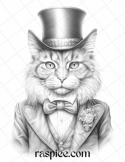 Gentleman Cat Grayscale Coloring Pages Printable for Adults Kids, PDF File Instant Download
