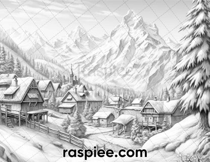 60 Enchanting Winter Landscapes Grayscale Coloring Pages for Adults, Instant PDF Download