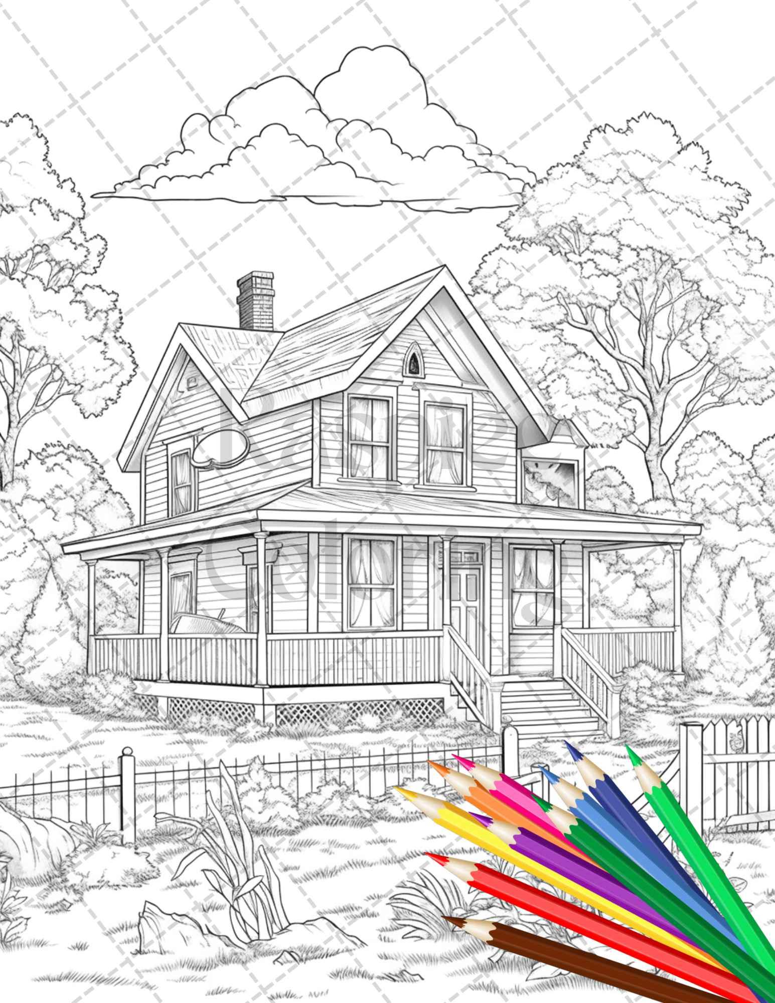 Charming Farmhouse Scenery Grayscale Coloring Pages Printable for Adults, PDF File Instant Download