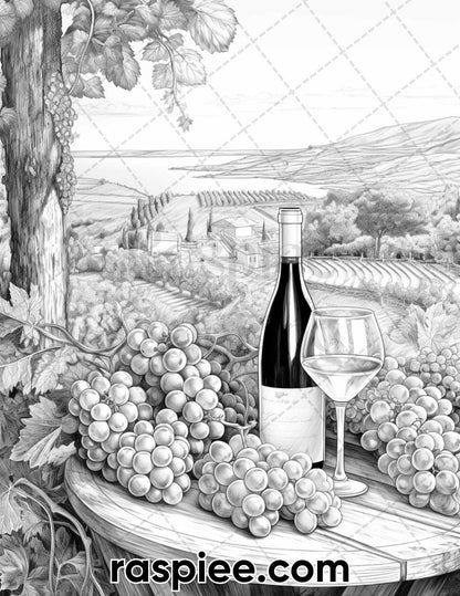40 Spring Vineyard Grayscale Adult Coloring Pages, Printable PDF Instant Download