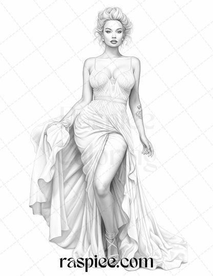 Fashion Show Grayscale Coloring Pages Printable for Adults, PDF File Instant Download