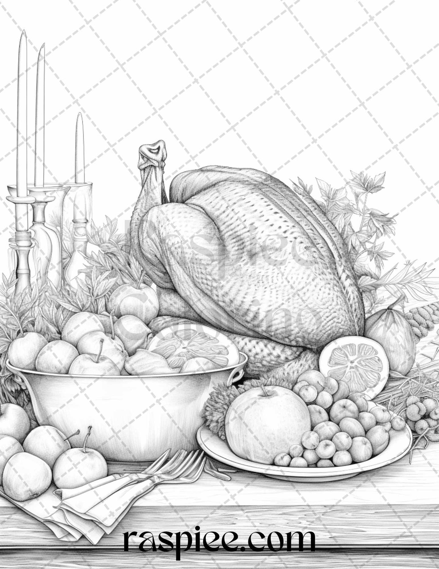 Thanksgiving Dinner Grayscale Coloring Pages for Adults, Relaxing Fall Coloring Sheets, Printable PDF File Instant Download