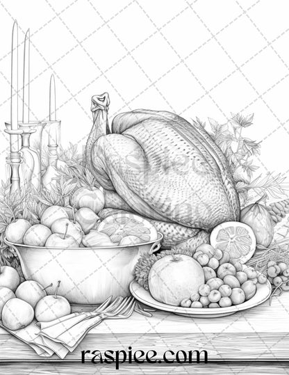 Thanksgiving Dinner Grayscale Coloring Pages for Adults, Relaxing Fall Coloring Sheets, Printable PDF File Instant Download