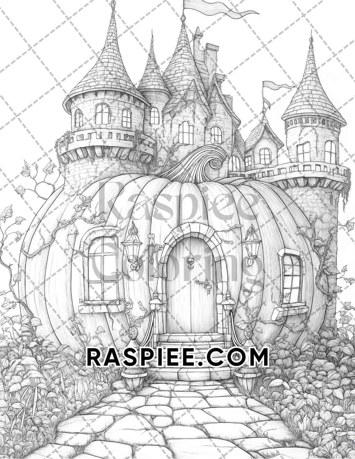 Fantasy Giant Pumpkin Castles Adult Coloring Pages Printable PDF Instant Download
