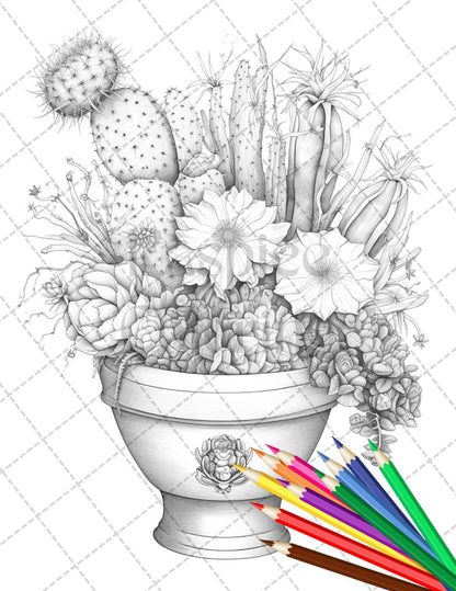40 Charming Cactus Pots Grayscale Coloring Pages Printable for Adults, PDF File Instant Download