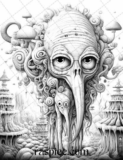 53 Surreal Creatures Grayscale Coloring Pages for Adults, Printable PDF File Instant Download