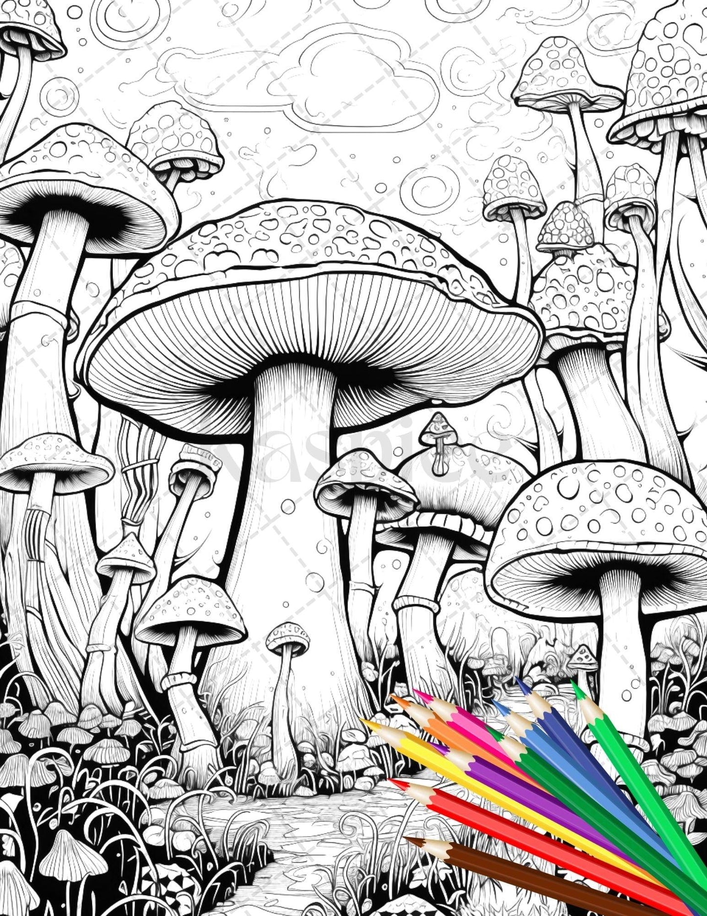 Psychedelic Mushroom Forest Coloring Book Printable for Adults, Trippy Grayscale Coloring Page, PDF File Instant Download