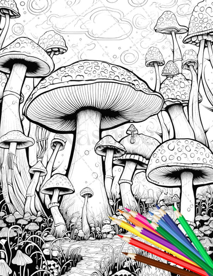 Psychedelic Mushroom Forest Coloring Book Printable for Adults, Trippy Grayscale Coloring Page, PDF File Instant Download