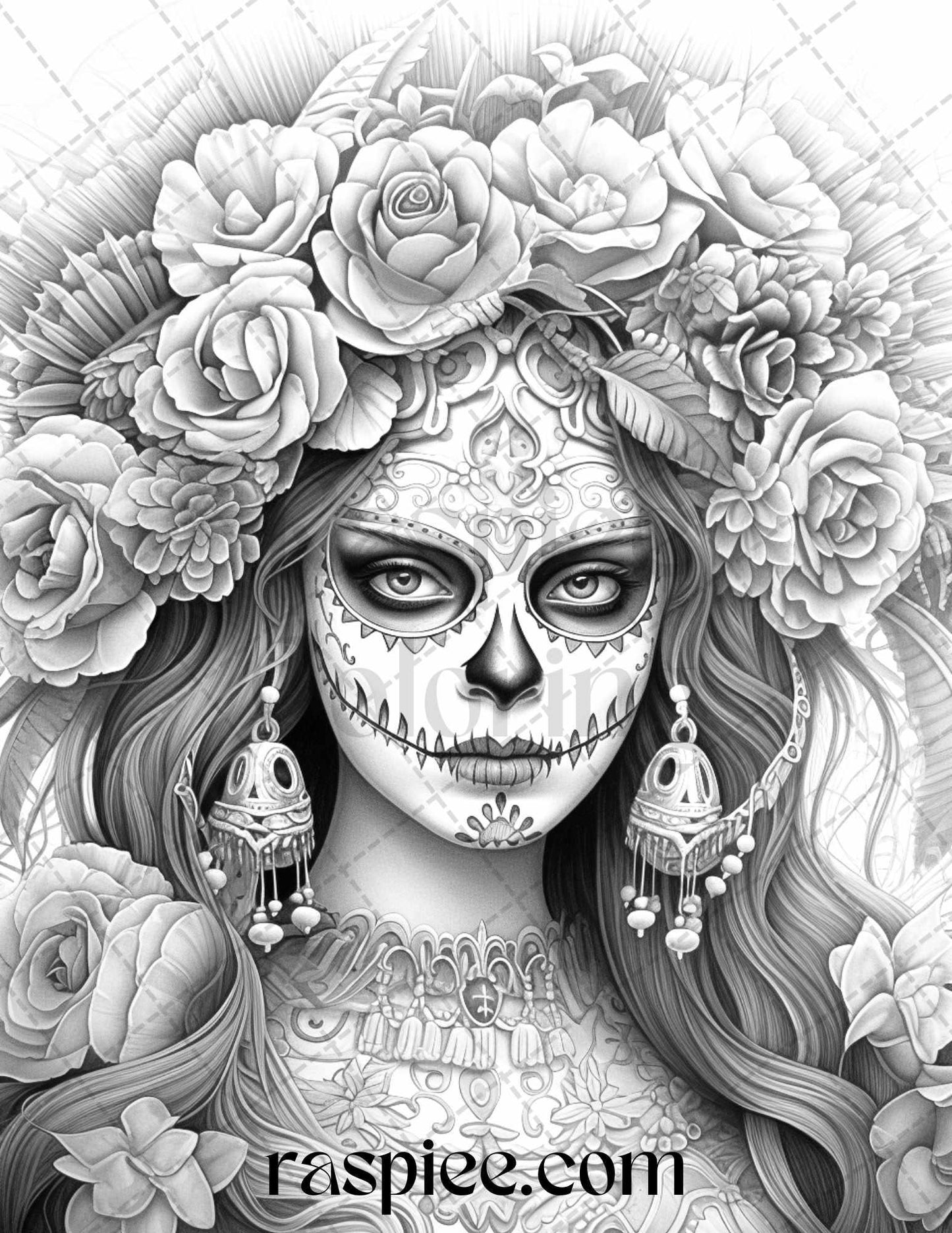 50 Day of the Dead Grayscale Coloring Pages Printable for Adults, PDF File Instant Download