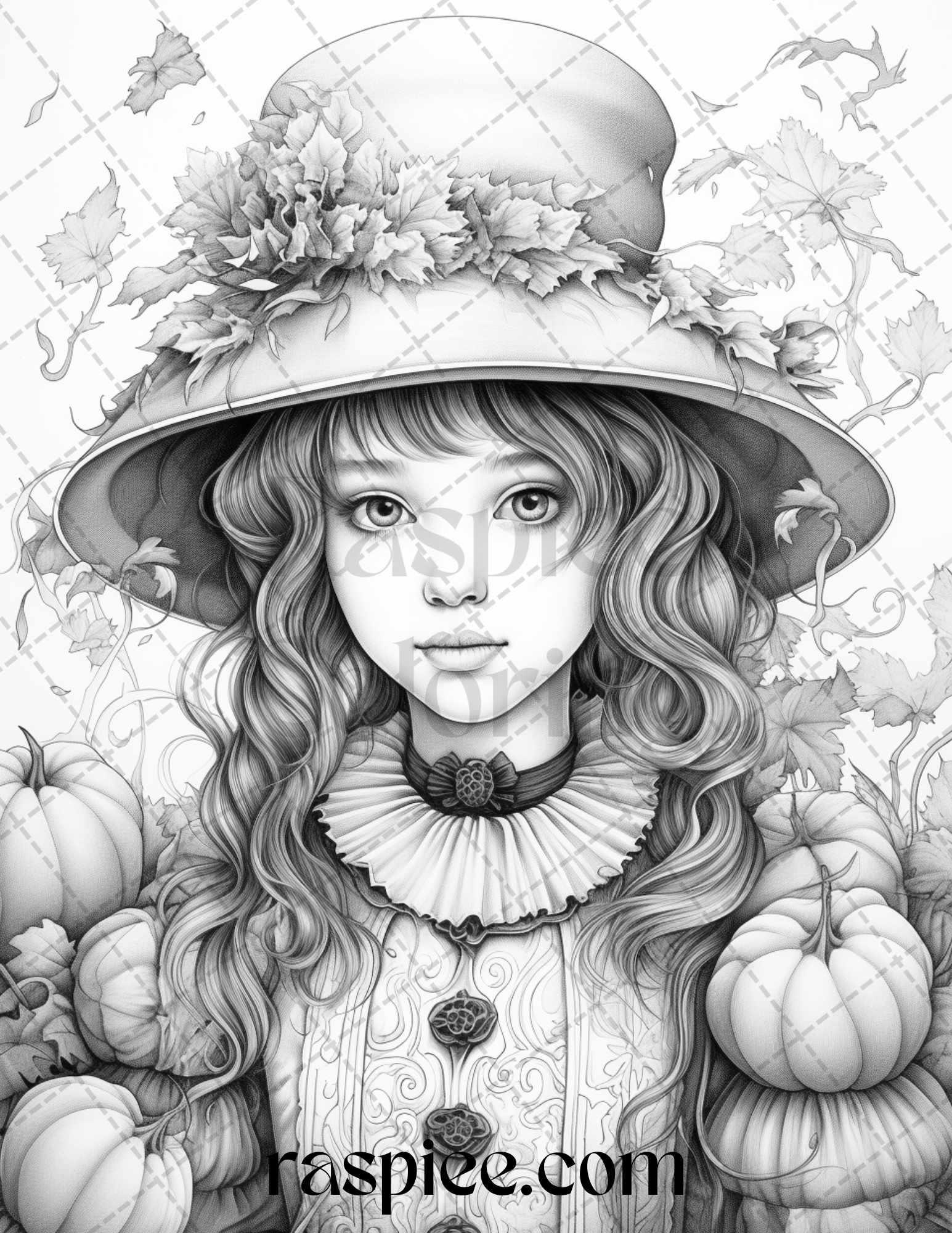 60 Victorian Autumn Portrait Grayscale Coloring Pages Printable for Adults, PDF File Instant Download