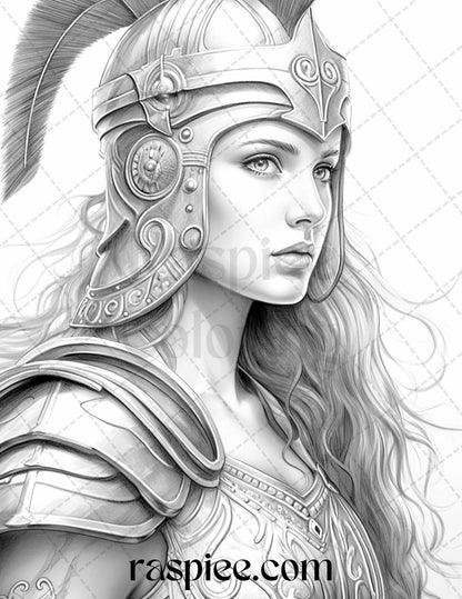 Greek Women Warriors Grayscale Coloring Pages for Adults, Printable PDF File Instant Download