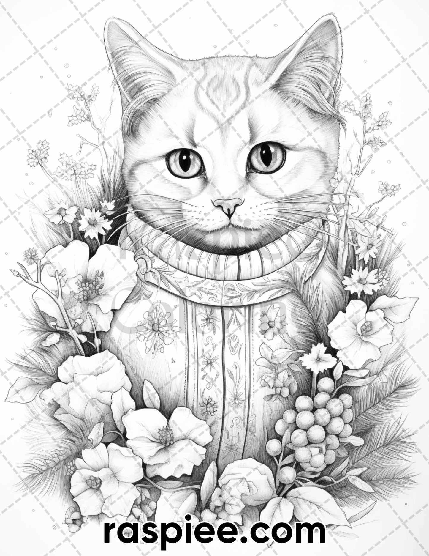 40 Christmas Cats Grayscale Coloring Pages for Adults, Printable PDF Instant Download