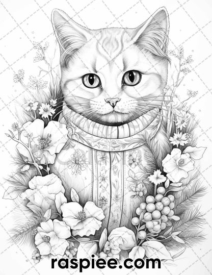 40 Christmas Cats Grayscale Coloring Pages for Adults, Printable PDF Instant Download