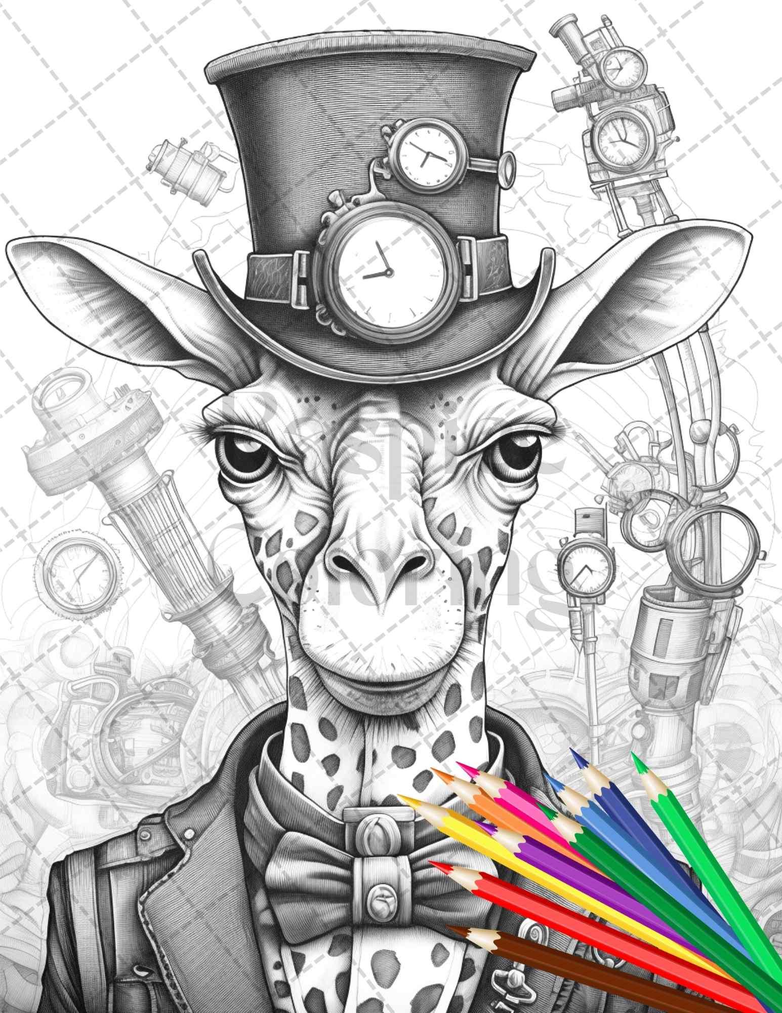 60 Steampunk Animals Grayscale Coloring Pages Printable for Adults, PDF File Instant Download