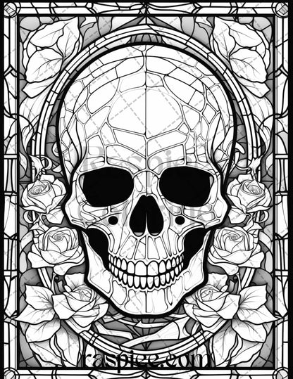 70 Halloween Stained Glass Grayscale Coloring Pages Printable for Adults, PDF File Instant Download