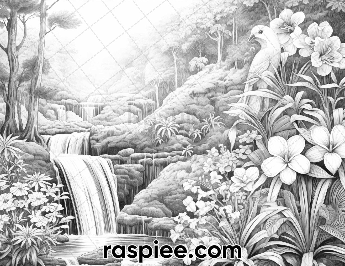 50 Tropical Paradise Grayscale Adult Coloring Pages, Printable PDF Instant Download