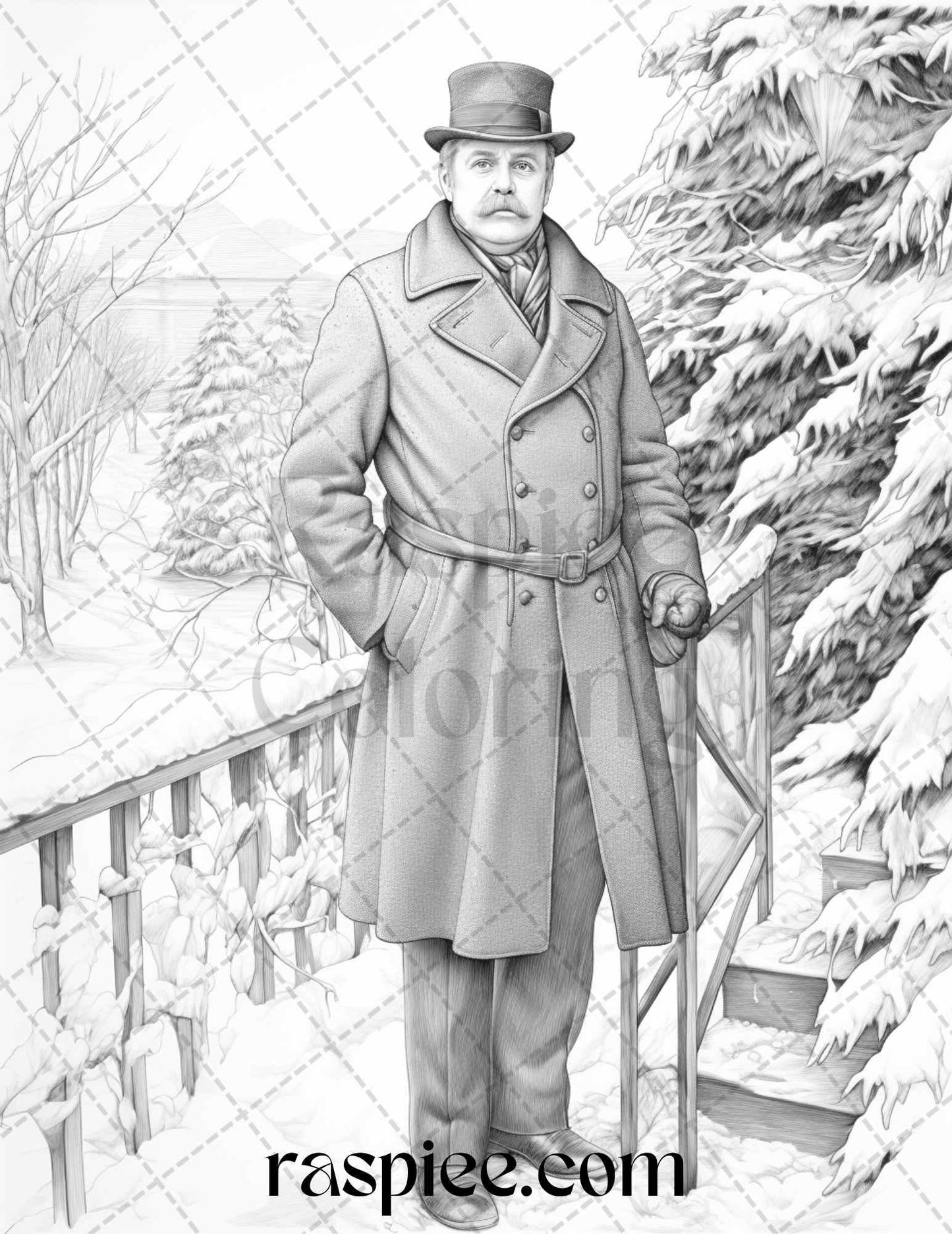 60 Victorian Winter Portrait Grayscale Coloring Pages Printable for Adults, PDF File Instant Download