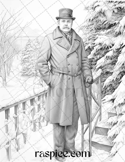 60 Victorian Winter Portrait Grayscale Coloring Pages Printable for Adults, PDF File Instant Download