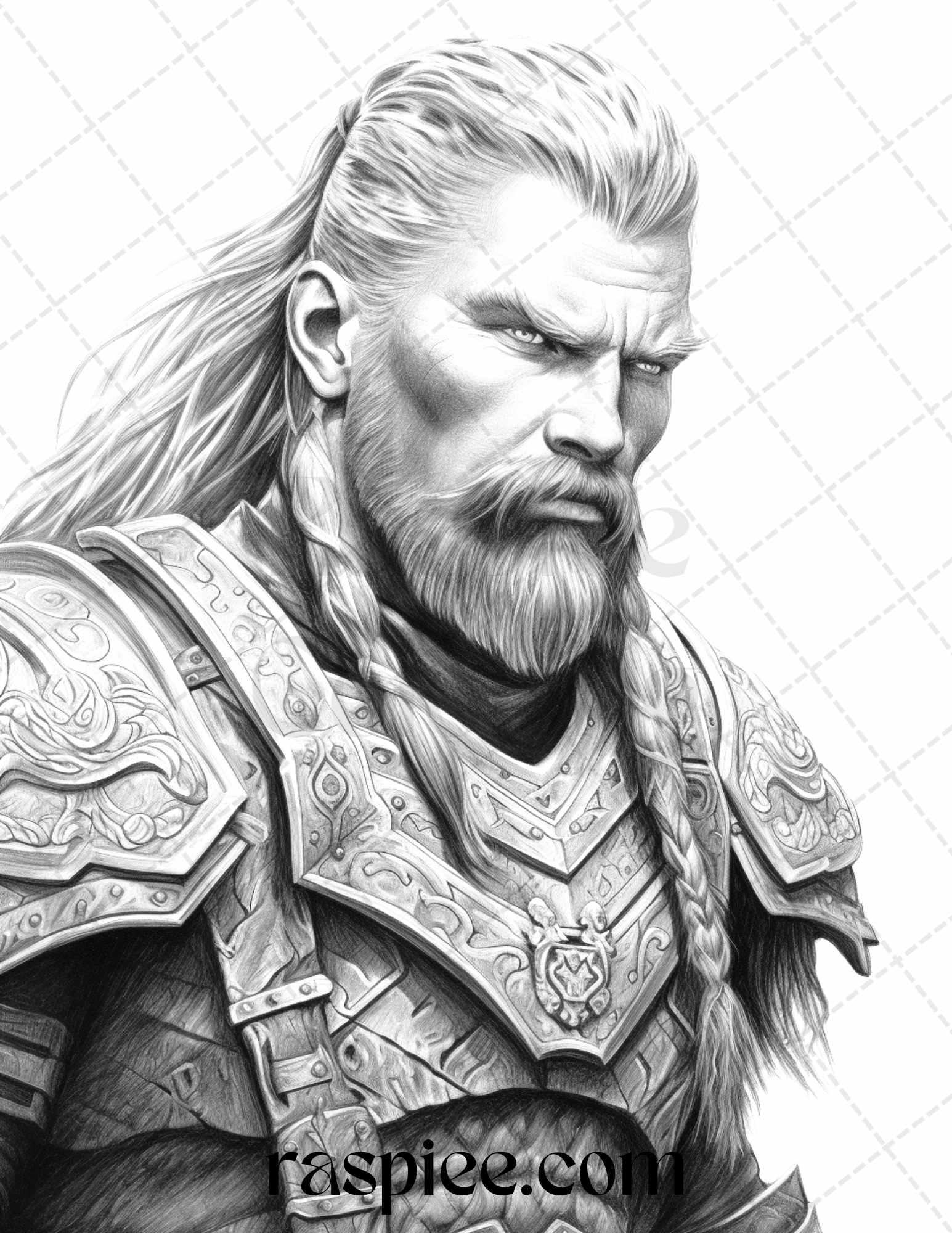 55 Viking Warriors Portrait Grayscale Coloring Pages Printable for Adults, PDF File Instant Download