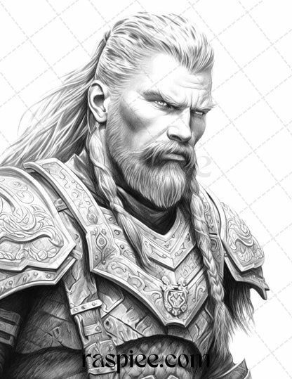 55 Viking Warriors Portrait Grayscale Coloring Pages Printable for Adults, PDF File Instant Download