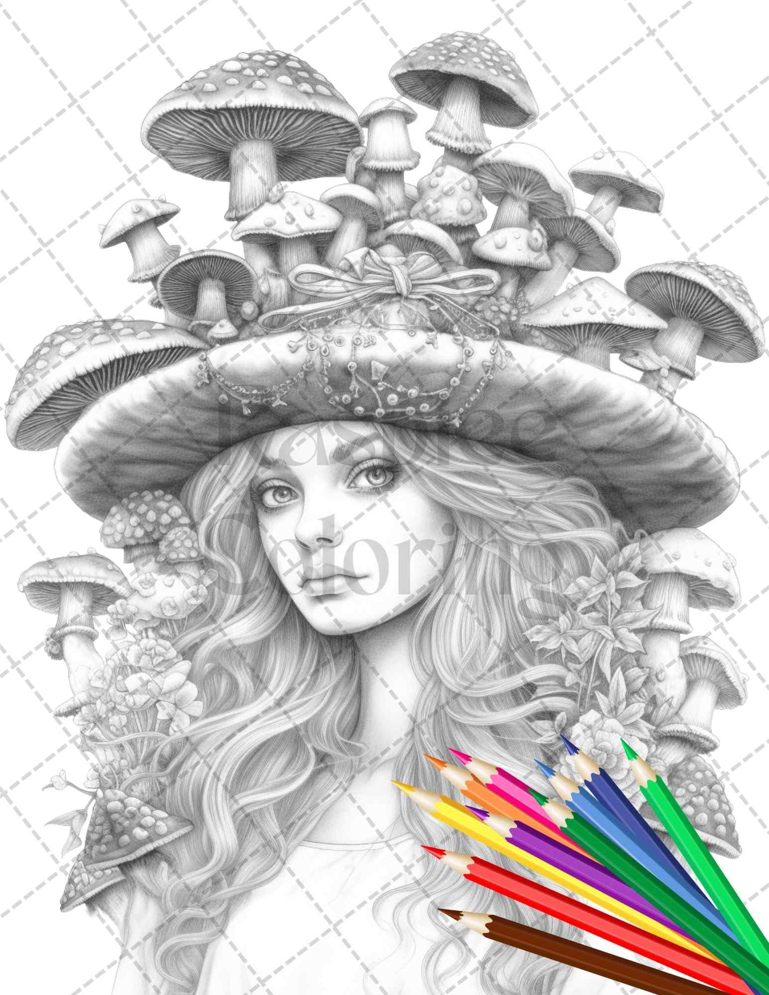 50 Mushroom Fairy Grayscale Coloring Pages Printable for Adults, PDF File Instant Download