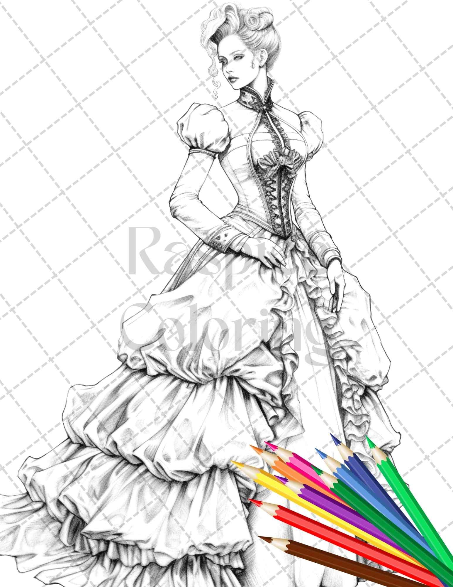 50 Victorian Fashion Grayscale Coloring Pages Printable for Adults, PDF File Instant Download