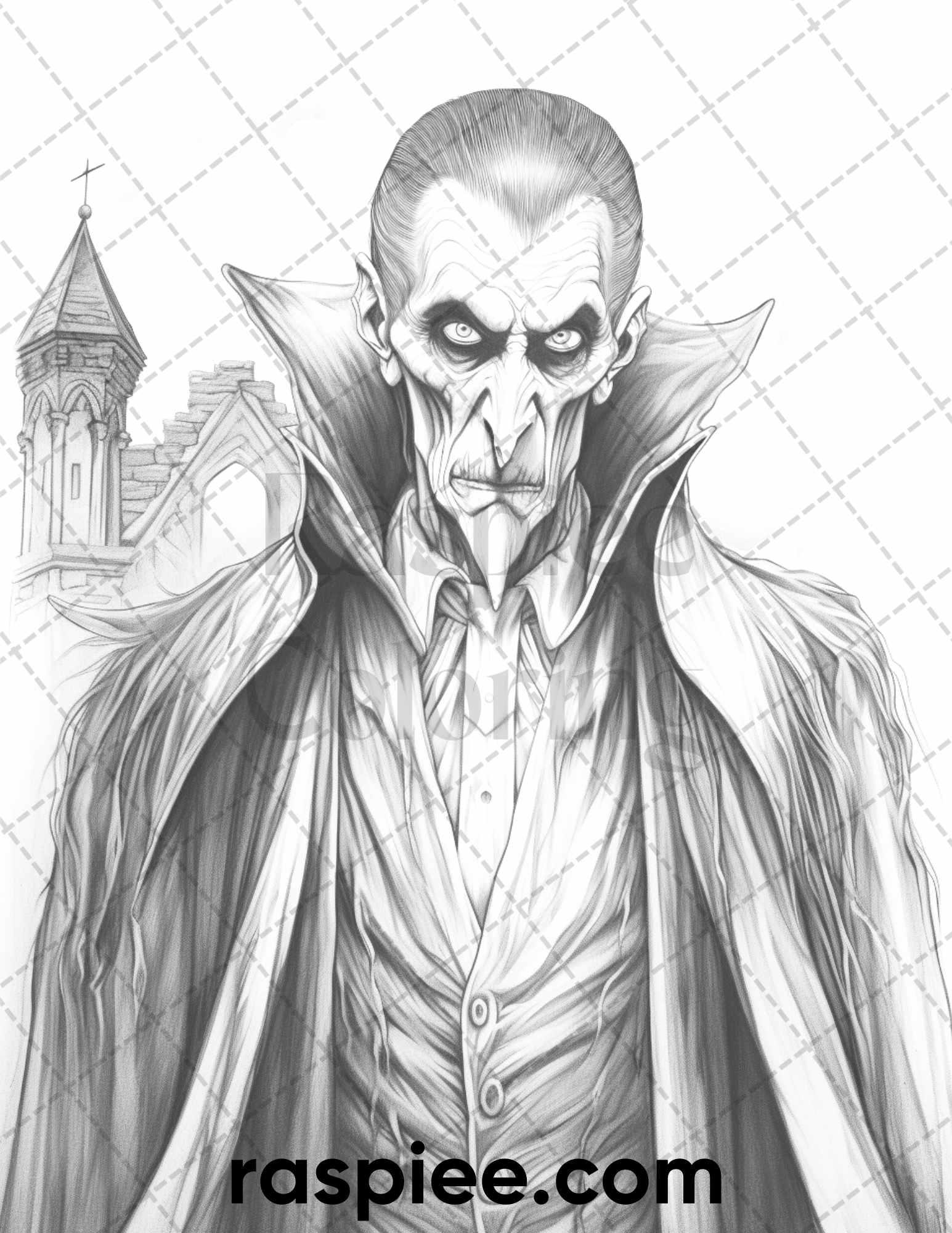 50 Count Dracula Grayscale Coloring Pages Printable for Adults, PDF File Instant Download