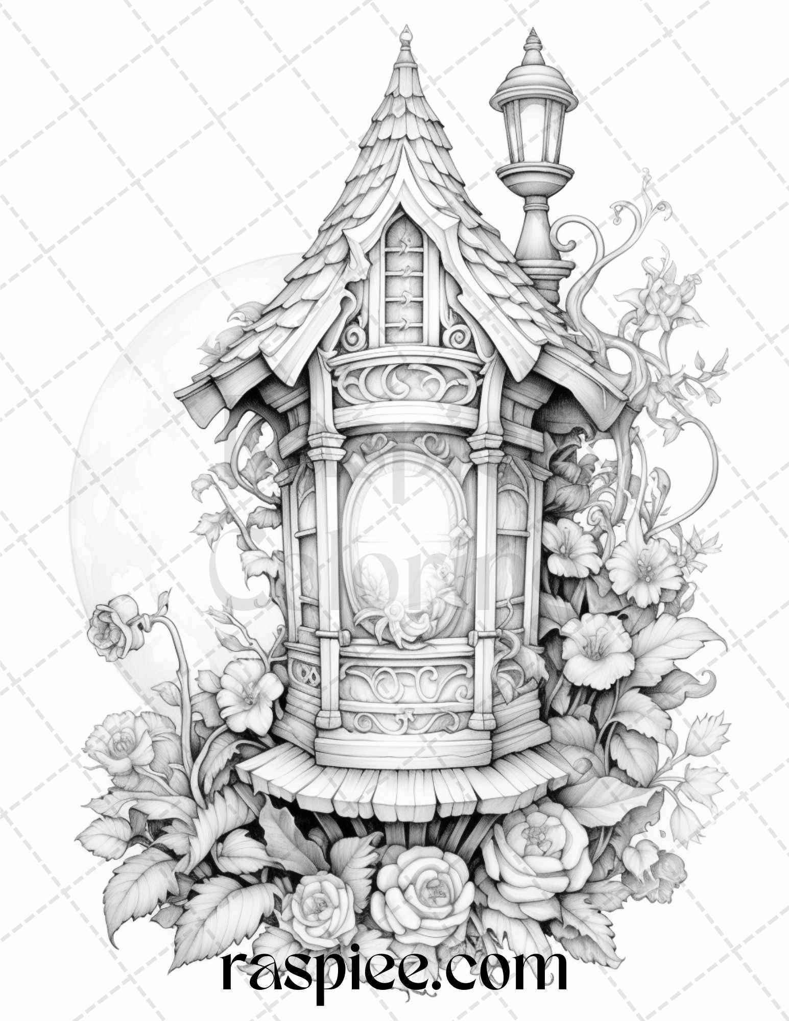 50 Lantern Fairy Houses Grayscale Coloring Pages Printable for Adults, PDF File Instant Download