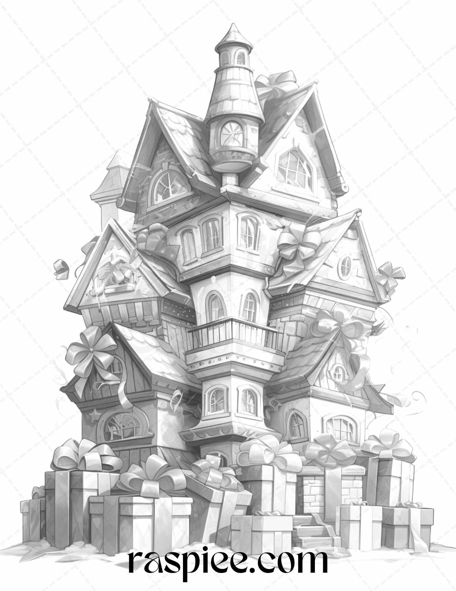 40 Adorable Gift Box Houses Grayscale Coloring Pages Printable for Adults Kids, PDF File Instant Download