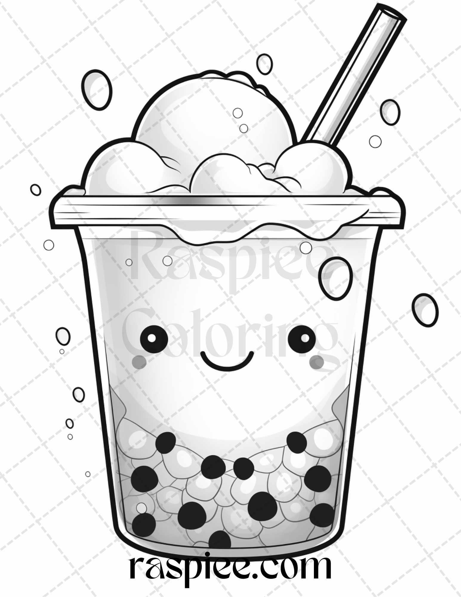 50 Cute Kawaii Boba Tea Grayscale Coloring Pages for Adults and Kids, Printable PDF File Instant Download