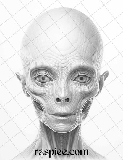 65 Alien Portrait Grayscale Coloring Pages for Adults, Printable PDF File Instant Download