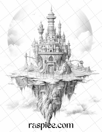 Floating Castle in the Sky Grayscale Coloring Pages for Adults, Printable PDF File Instant Download