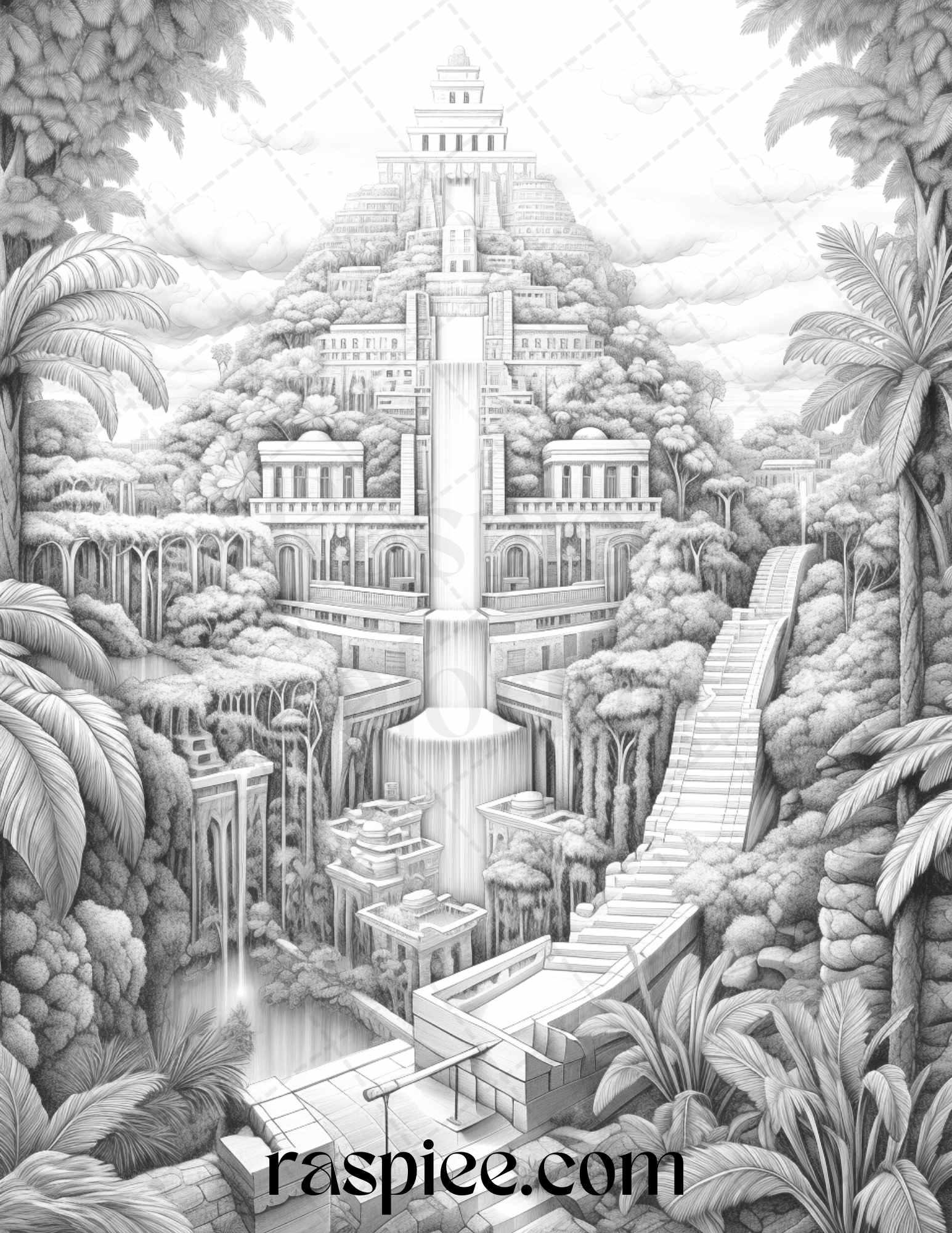 Hanging Gardens of Babylon Grayscale Coloring Pages Printable, PDF File Instant Download