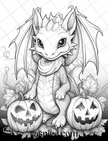 50 Cute Pumpkin Dragons Graycale Coloring Pages for Adults and Kids, Printable PDF File Instant Download