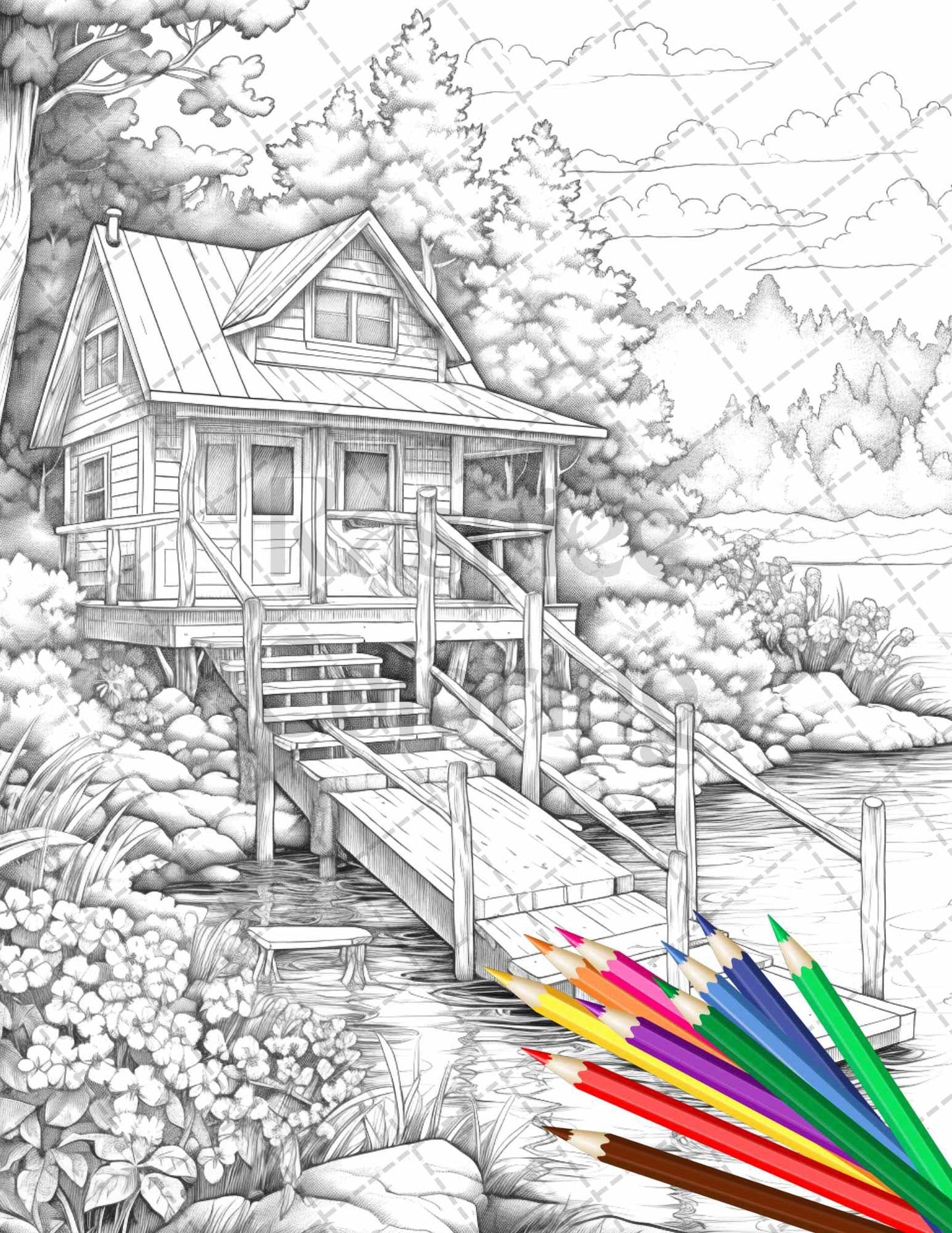 Lake Cabin Scenery Grayscale Coloring Pages Printable for Adults, PDF File Instant Download